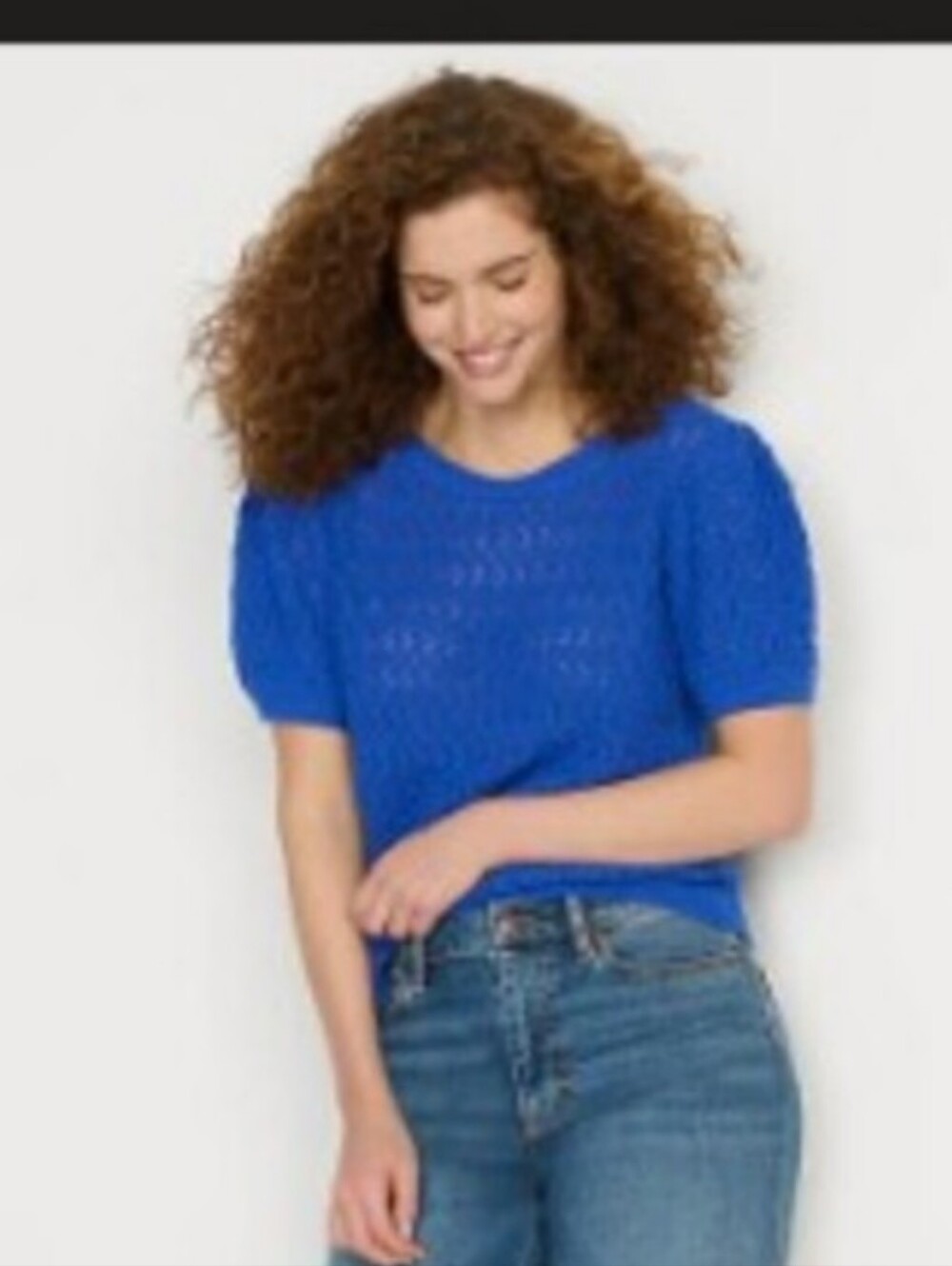 Lands' End Women's Cotton Cable Puff Sleeve Sweater